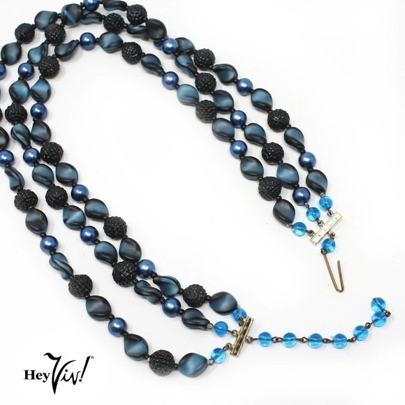 Vintage W German 3 Strand Bead Necklace Blue Black Texture Beads18" - Hey Viv - Picture 3 of 5